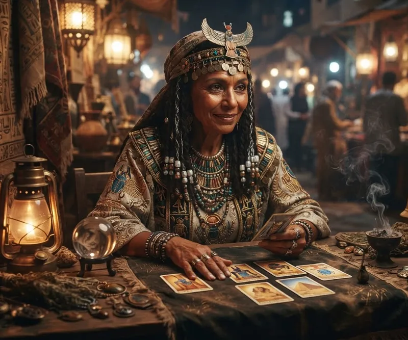 Ymara, assise à sa table, prête à lire vos cartes